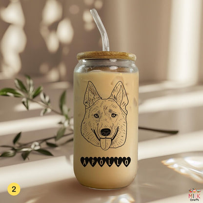 Personalized clear glass mason jar tumbler with hand drawn poodle portrait and customizable text, bamboo lid and reusable straw, perfect gift for poodle lovers and dog moms