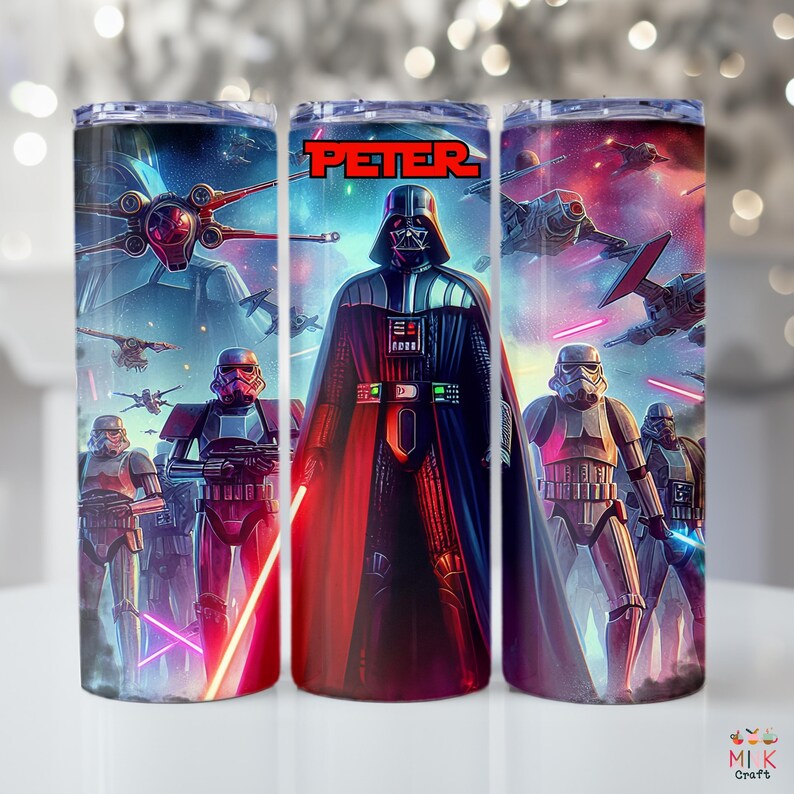 Personalized dark side tumbler featuring high-quality sci-fi design, 20oz stainless steel, ideal for gift giving.