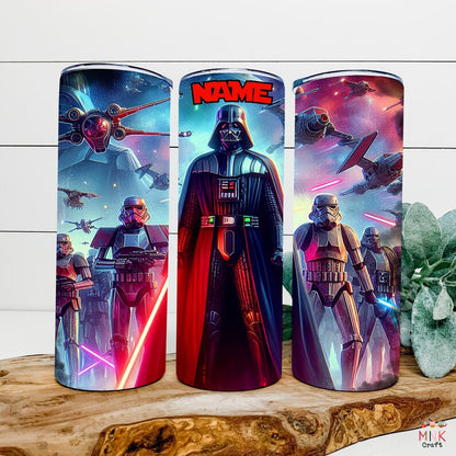 Star Wars-inspired tumbler featuring a dark side warrior, stormtroopers, and space battle scene with customizable name option, 20oz stainless steel, perfect sci-fi gift for movie fans, birthdays, and Christmas.