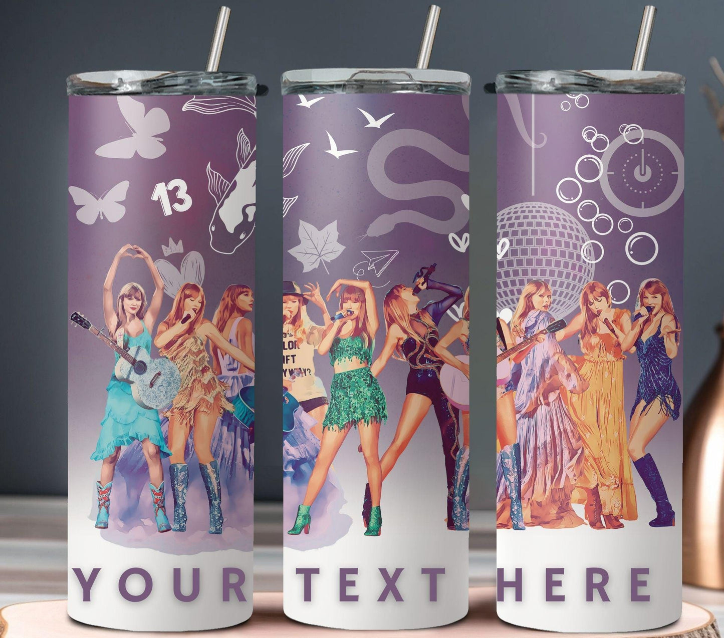 Purple themed Taylor Swift tumbler with customizable text area.