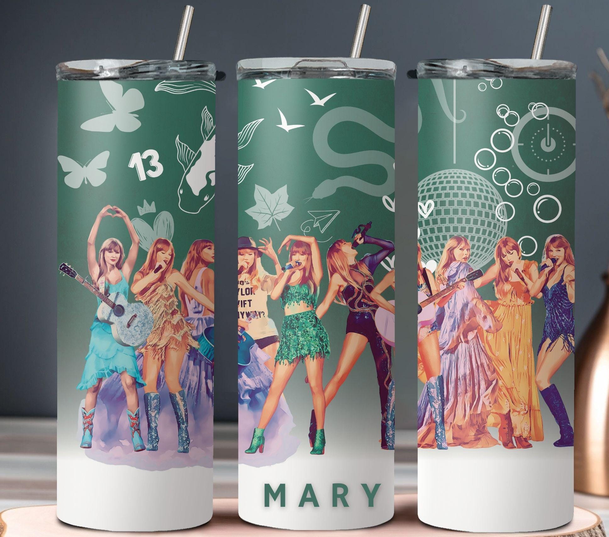 Personalized Taylor Swift tumbler featuring &#39;Mary&#39; in a green and purple design.