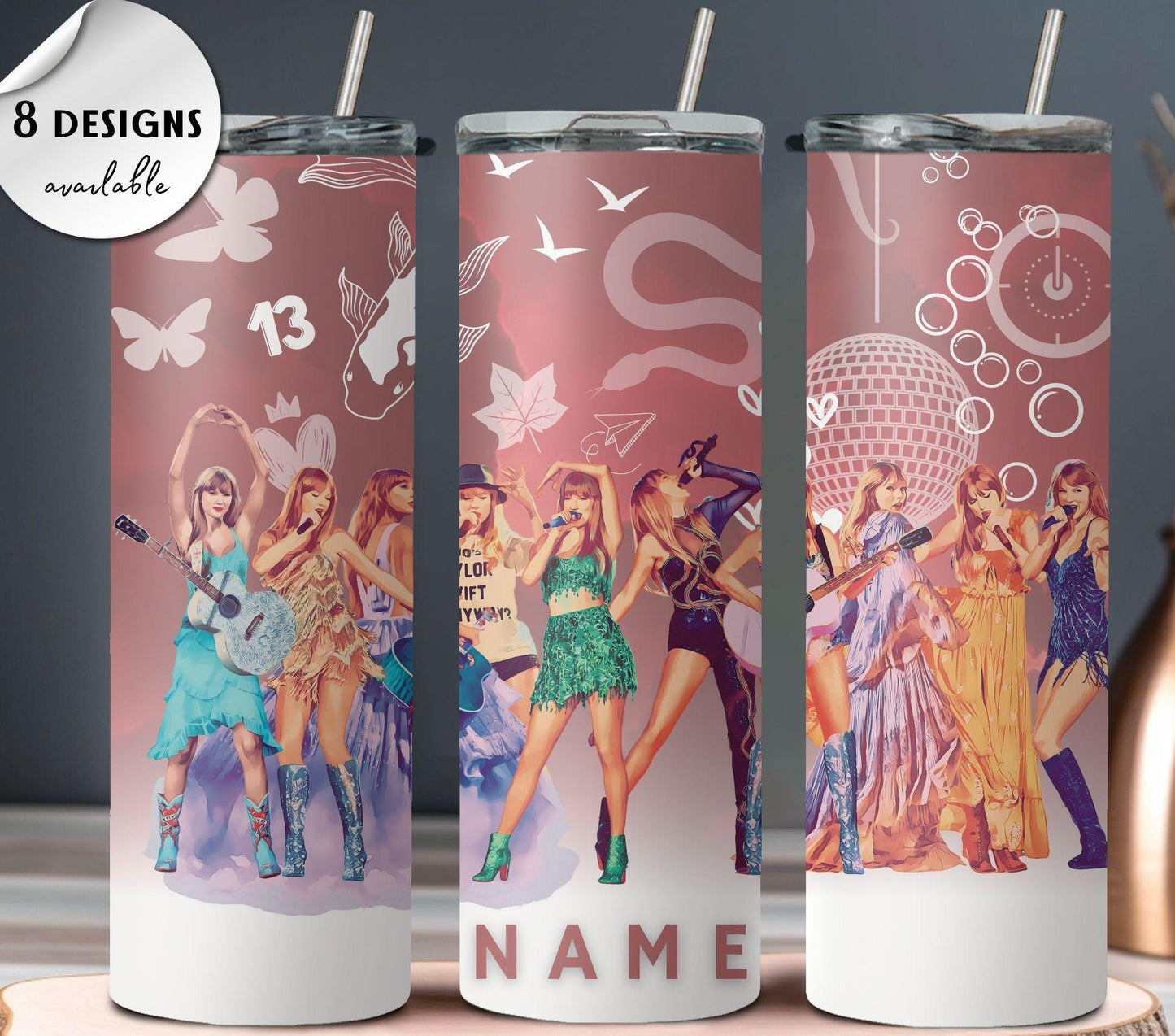 Custom Taylor Swift eras tumbler with name in vibrant pink design.