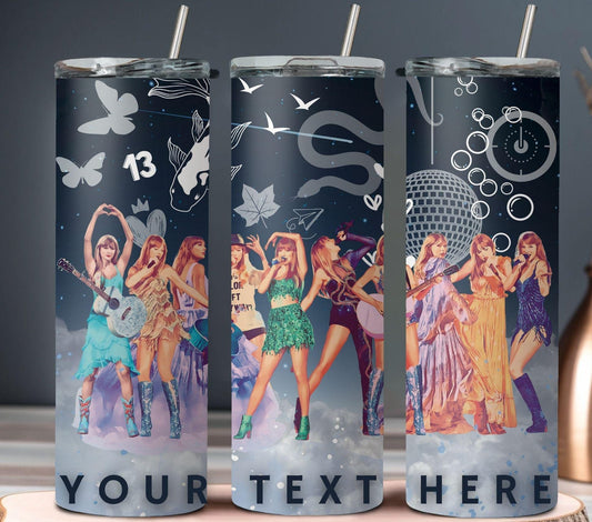 Dark blue Taylor Swift tumbler with eras tour theme and custom text option.