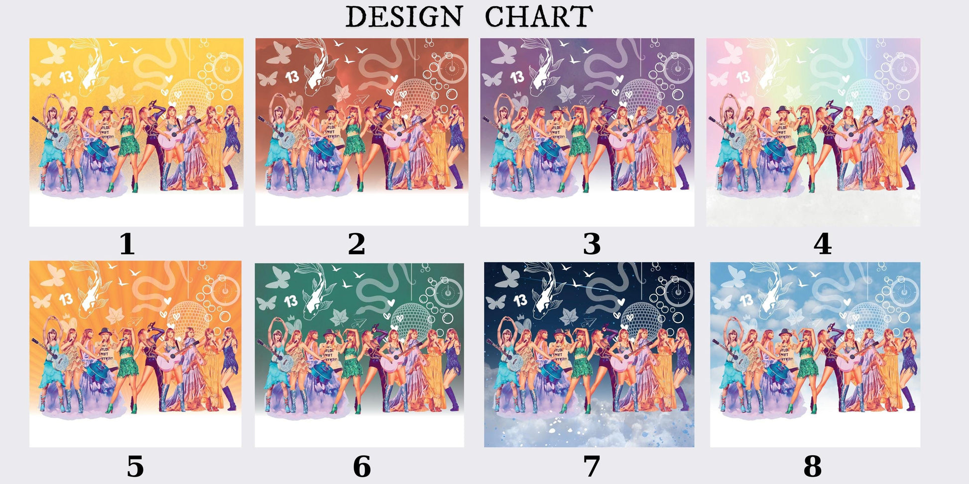 Design chart showcasing 8 unique Taylor Swift inspired tumbler designs.