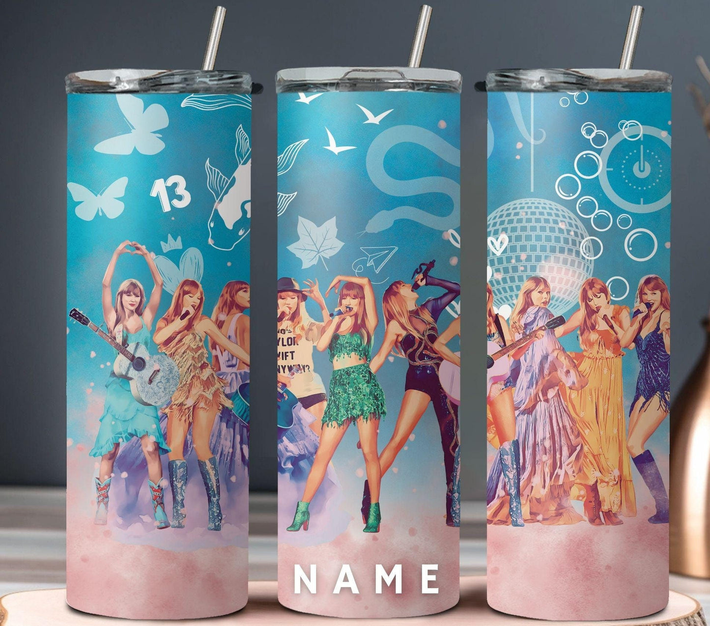 Taylor Swift eras tumbler in light blue with custom name option.